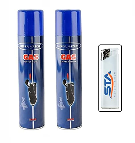 2 x 300 ml Premium Feuerzeuggas Nachfüllgas Universalgas + 1 gratis nachfüllbares Feuerzeug, für nachfüllbare Feuerzeuge & Stabfeuerzeuge