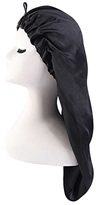 1Stück Lang Satin Haarhaube Atmungsaktive Schlafmütze Bonnet Seide Afro Seide Schlafkappe Satinhaube Verstellbar Schlafhaube Nachtmütze Haarpflege Mütze Schwarz für Damen Lange Locken Haar Schutz