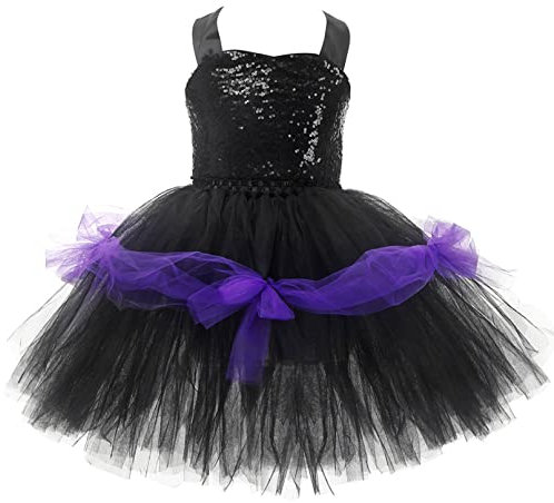 TiaoBug Mädchen Halloween Kostüm Pailletten Kleid mit Tutu Tüllrock Neckholder Partykleid Vampire Hexe Cosplay Outfits Schwarz 110-116