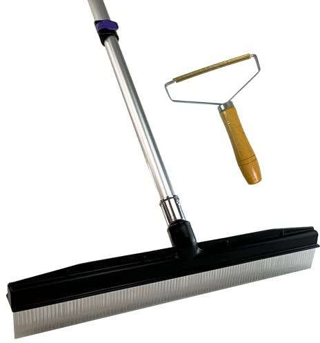 Room Groom PET Carpet Rake Groomer with Telescoping 54  Adjustable Handle, with Lint Remover Brush Tool, Carpet Brush for Pet Hair and Refreshing Carpets, (Black/Purple)