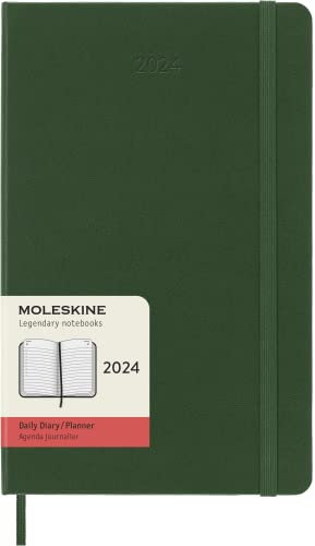Moleskine Tagesplaner 12 Monate 2024, Planer 2024, Großes Format 13x21, Hardcover und elastischer Verschluss, Grüne Myrte Farbe