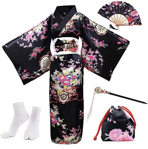 PLULON 5 uds bata japonesa Geisha Yukata vestido flor albornoz de satén con bolsa con cordón abanico de mano horquilla Tabi conjunto de calcetines para mujer