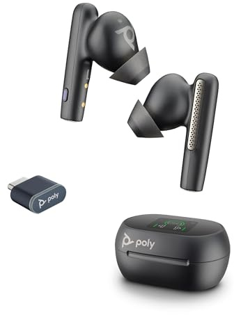 Écouteurs sans fil True Wireless Poly Voyager Free 60+ UC – Micros antibruit pour des appels clairs – ANC – Étui de chargement tactile – Fonctionne avec iPhone, Android, PC/Mac – Certifié Teams – Noir