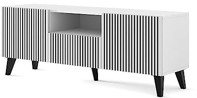 Homlando Ravenna TV Schrank 150 cm, Lowboard mit 2 Türen & Schublade, Medienmöbel fürs Wohnzimmer, Weiß Matt/Schwarz, Moderne MDF-Front, Schwarze Metallbeine