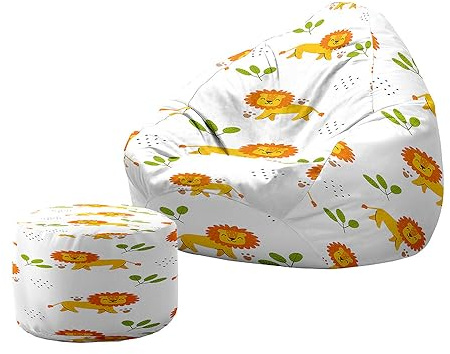 Treer 3D Coprisedia per Poltrona Sacco Adulto Senza Imbottitura con Copertura per Poggiapiedi, Sedia per Divano Pigro Fodera per Poltrona a Sacco con Maniglia (100x120+20x30cm,Leone della Moda)