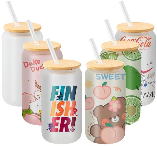 LYCN 6 Pack Sublimation Glass Cups, 455ml/16oz Sublimation Glass Blank Can with Lids and Glass Straws, Clear Frosted Glass Cups Straight Sublimation Tumblers for Beer Iced Coffee Milk Juice