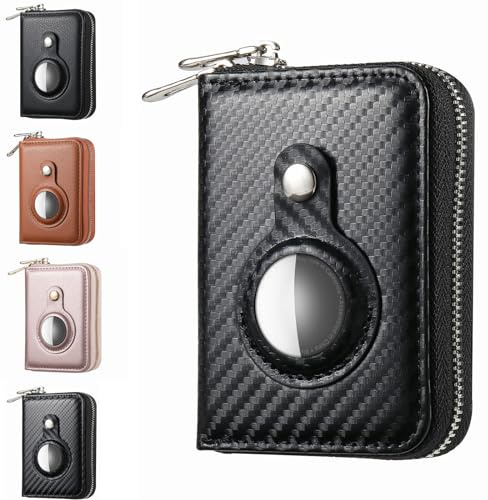 JOKO DESIGN AirTag Slim Geldbörse mit Reißverschluss NFC + RFID-Schutz - Mini Geldbeutel Herren & Damen smart Kartenetui Portemonnaie für Apple Air Tag, Carbon