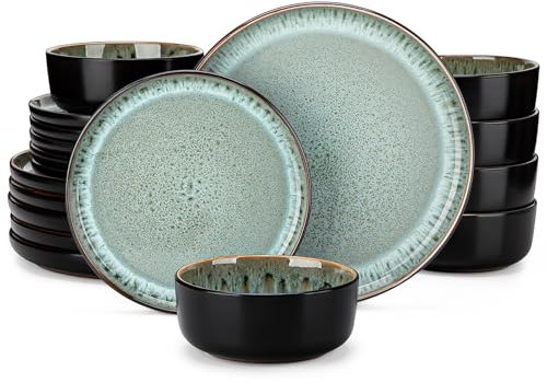 vancasso Dinner Set, Reactive Glaze Dinner Sets for 6 People, 18-Piece Mediterranean Crockery Set with Dinner Plates, Dessert Plate and Cereal Bowls, Playa Cyan