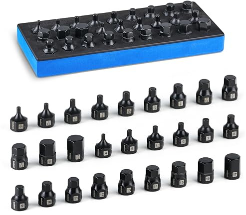 toolant 3/8-Inch Impact Hex Bit Socket Set, SAE/Metric, 27-Piece | S2 steel one-piece sockets feature anti-roll flats, pin holes, and laser-etched size markings