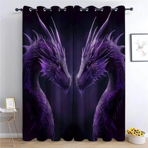 CozyRest Verdunklungsvorhänge Gardinen mit Ösen Blickdichte Vorhänge Lärmschutzvorhang für Kinderzimmer Thermo Gardinen mit Lila Drache Muster, 260 x 140 cm (BxH), 2er Set Schiebevorhänge