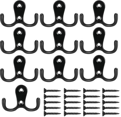 QMAHA Double Prong Coat Hook, 10Pcs Robe Hooks with Screws Dual Coat Hooks Wall Mounted, Black Coat Hooks for Hanging Heavy Duty Metal Hooks for Hanging Robe, Towel, Coat, Bag & Hat