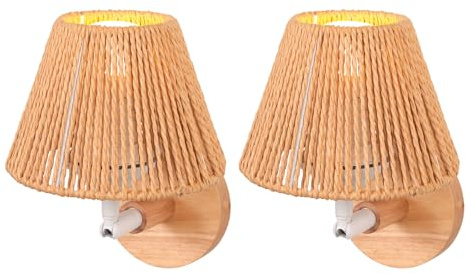 LIGKIN 2 Stück Wandleuchte aus Rattan Wandlampe Boho Lampenschirm aus Metall und Rattan E27 Wandleuchte Vintage Holz Wandlampe Drehbar Innenleuchte für Schlafzimmer Flur Küche
