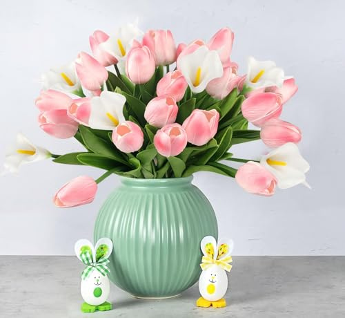 DEEMEI 16Pcs Artificial Pink Tulips & White Calla Lily Silk Fake Flowers 13.4 for Easter Mother's Day Home Kitchen Wedding Decorations