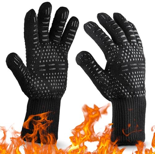 Long Wrist Heat Resistant Oven Mitts Up to 800°C / 1472°F - Non-Slip Silicone BBQ Gloves for Wood Burners, Cooking and Baking (2 Pieces)