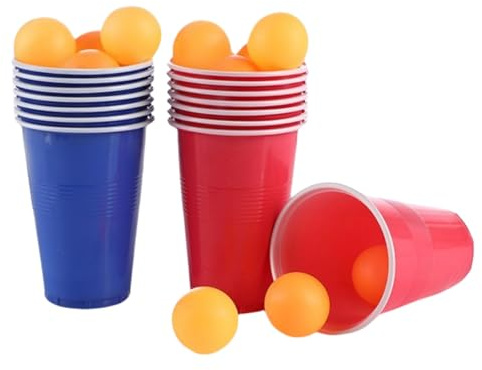 BigTree 24Pcs Table Tennis Party Game Set 6 Red Cups 6 Blue Cups 12 Balls Reusable Plastic Cups for Birthday Party Dinner Tabletop Game Camping Indoor Outdoor Party Bash Essentials