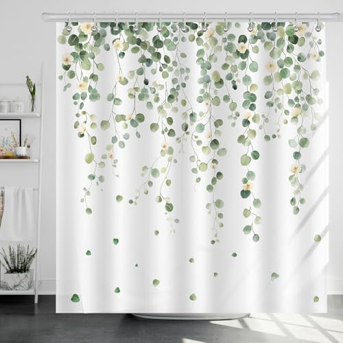 Dazzlewall Duschvorhang Grüne Blätter 180x180cm, Eukalyptusblatt Pflanze Duschvorhänge, Wasserdicht & Anti-Schimmel, Waschbar Polyesterstoff Badezimmer Vorhang für Badewannen mit 12 Haken