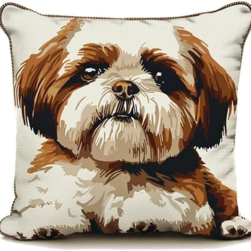 Latch Hook Cushion Kits for Adults Dogs White Brown Shih Tzu Puppy Rug Cover Pillowcase Kids Beginner DIY Needlework Embroidery Kits Handmade Set Craft Sofa Home Decor 43x43cm,1pcs