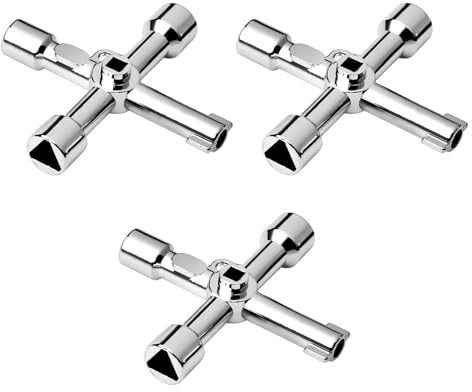3 Pièces Clé Multifonction à 4 Voies Cle en Croix Utilitaire Multifonction Universelle pour Armoire Compteur Gaz Eau Électricité en Forme Cross Triangle Key pour Vannes Armoires Électriques, Argent.