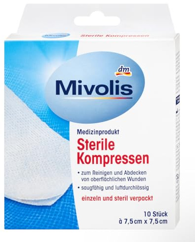 Mivolis Compresses Stériles, 10 Pièces, 7,5 cm x 7,5 cm, Absorbantes et Respirantes, Emballage Individuel
