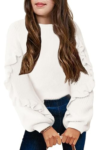Arshiner Niñas Jersey Manga de Linterna Niños Cálido Jerséis de Punto Holgado Cuello Redondo Invierno Suéter Manga Larga Jersey para Niñas 13-14 Años Blanco