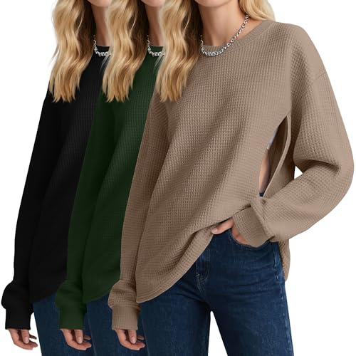 Oakgarden 3 Pack Women's Oversized Nursing Tops, Waffle Knit Breastfeeding Zipper Sweatshirt Long Sleeve Maternity Shirts(Coffee, Army Green, Black,Large)