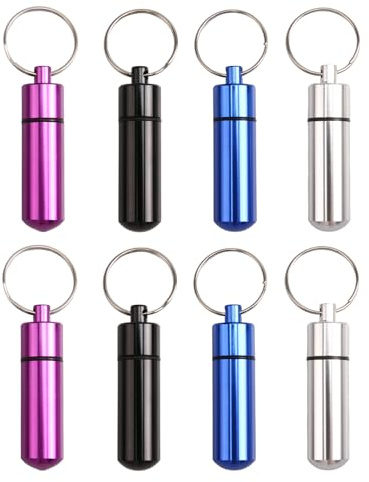 8 PCS Kleine Pillendose mit Schlüsselanhänger, Wasserdichte Mini Pillendose aus Metall, Tragbare Tablettendose für unterwegs, Kleine Tablettenbox Schlüsselanhänger für Reisen & Outdoor