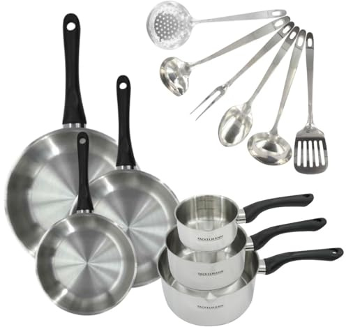 Fackelmann Batterie 3 poêles 20/24/28 cm, casseroles et ustensiles | Set complet pour tout cuisiner, 11 pièces en inox, 3 poêles 20 24 28 cm, 3 casseroles 12 16 20 cm, 6 ustensiles, Sans PFAS