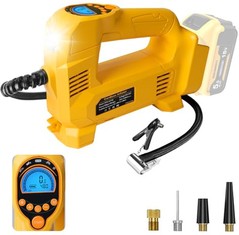QUPERR compresor de aire inalámbrico compatible con batería Dewalt 18V, hasta 10,34 bar, con luz LED y autoapagado, bomba portátil para coche, moto, bici y balones (batería no incluida)
