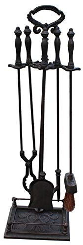 OWOHYG Kaminbesteck-Set, 5-teilig, aus Schmiedeeisen, bestehend aus Schürhaken, Holzzange und Kaminholzhalter, mit Sockel (81 cm hoch).