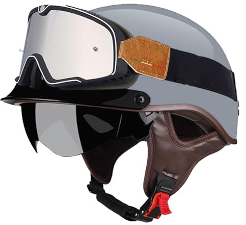 Mezzo Casco Moto Vintage Con Occhiali Caschi Jet E Demi-Jet Omologato DOTECE Caschi Cromwell Portatile Aperto Casco Retrò Moto Elmetto Scodella Per Adulti Uomini Donne I,L:59-60CM