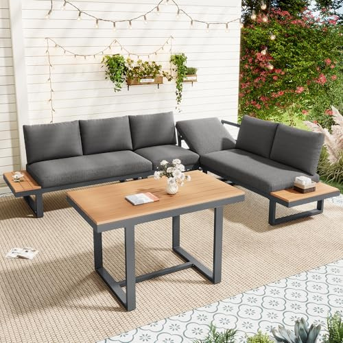 Merax Garten Essgruppe Lounge mit Eckstellung, Gartenmöbel Set mit Esstisch 105x70 cm, Rückenlehne 5-stufig bis 55°, Loungemöbel Outdoor aus verzinktem Stahl & WPC Tischplatte, Grau Schwarz