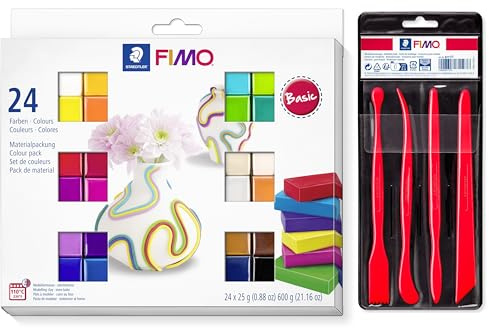STAEDTLER Basic Colours Set FIMO Soft, ofenhärtende Modelliermasse, 24 Halbblöcken à 25g und 4 versschiedene Modellierwerkzeuge