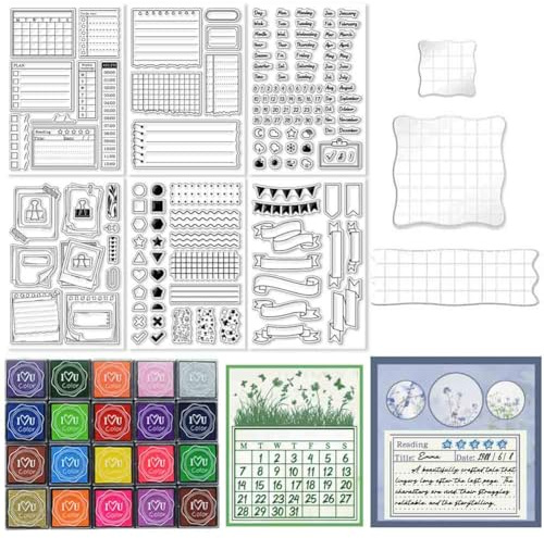 GLASSWINDS 29 Stück Stempelset Mit Tagebuch Und Notizelementen Für Kartenherstellung Enthält 3 Stück Acryl Stempelblock 6 Stück Silikonstempel 20 Stück Stempelkissen Für Bastelarbeiten