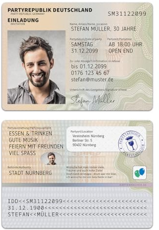 Kartenmachen.de Personalisierte DIN A6 Geburtstag Einladungskarten (10-100 Stück) Personalausweis Perso mit Foto Pass Schein