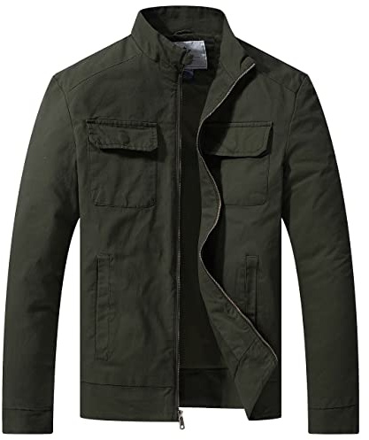 WenVen Men's Light Canvas Jacket Military with Pocket (Army Green, XL)
