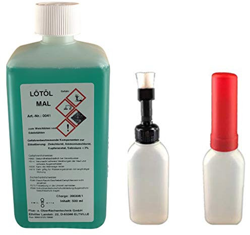 Emil Otto Flussmittel/Lötöl MAL 500 ml (Weichlöten von Edelstahl, auch für nicht polierte Edelstähle) + Pinselflasche mit KISI-Verschluss, 100 ml Fassungsvermögen (unbefüllt)