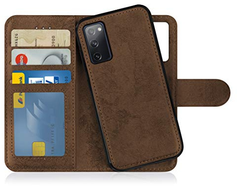 MyGadget Flip-fodral till Samsung Galaxy S20 FE - [avtagbart magnetfodral] - mobilfodral av läderimitation - [flipfodral med kortplats] skyddsfodral i brunt