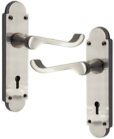 Infinity Decor Victorian Scroll Lever Lock on Shaped Backplate Internal Door Handle Set, Ideal for All Types of Internal Doors 165mm Long x 40mm Wide Backplate in Various Finishes (Satin Nickel)