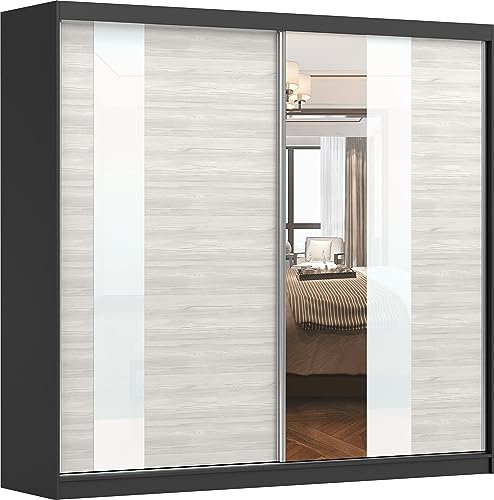 Fabryka Mebli Idźczak Kleiderschrank mit Spiegel Multi 32-230cm Schwebetürenschrank Schlafzimmerschrank Wohnzimmerschrank Schiebetürenschrank - Schrank Garderobe Modern Design (Schwarz/Kathult)