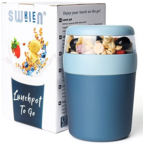 Swkien Joghurtbecher to go - MüSlibecher to go mit Löffel - Müsli to go Becher Auslaufsicherer - 250ML+500ML Joghurt to go Becher - Müslibecher für Joghurt & Müsli - Doppelschicht Müsli Cup Blau