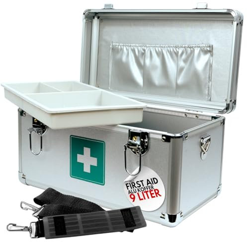 Magnet-Kauf Maletín de primeros auxilios de aluminio para empresas de fútbol, vacío, con cerradura, de metal, plata, 30,5x16,5x18cm, Aluminio con correa de transporte