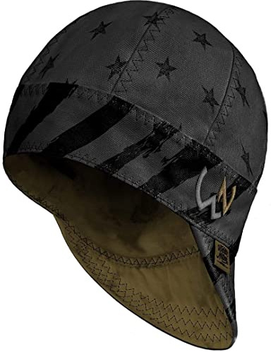 Welder Nation 8 Panel Soft, 8 oz Light Weight Cotton Welding Cap, Durable for Safety and Protection While Welding. Stick ARC, The Patriot (Black), 7.125