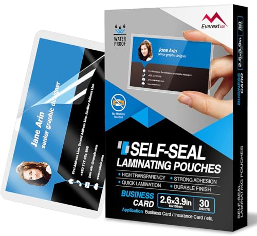 Everest Self Seal Laminating Pouches, Self Sealing for Small Cards Size, Waterproof, 10 Mil Thick, Gloss Finish, No Machine Needed (2.6x3.9, 30, Pack)