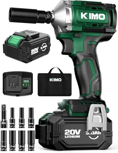 KIMO Cordless Impact Wrench, 3000 RPM & Max Torque 350 ft-lbs (475N.m), 1/2 Impact Gun with 3.0Ah Li-ion Battery, 7 Drive Impact Sockets, 3 Inch Extension Bar, 1 Hour Fast Charger,1/2 Impact Driver