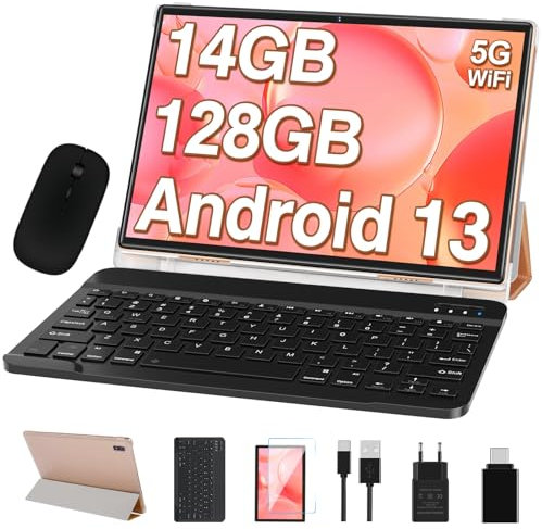 Oangcc Tablet 10 Pollici, Android 13,14GB RAM+128GB ROM (TF 1TB),Octa-Core 2.0GHz, FHD Tablets con 5G+2.4G WiFi, 8000mAh| 5+8MP| Widgets| BT5.0| GPS| Tablet con Mouse e Tastiera - Oro Rosa