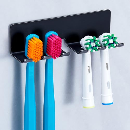 YAYINLI Toothbrush Holder Wall Mounted - Electric Tooth Brush Holder for Bathroom, Self Adhesive Non Screw Toothbrush Head Holder, Metal Toothbrush Holders Organiser(Black, Large)
