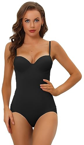 Allegra K Women's Adjustable Straps Mesh Leotard Jumpsuit Top Tummy Control Shaping Body Shaper Waist Trainer Bodysuit Shapewear with Bra Black S