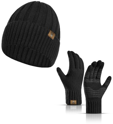 INSISMY Mütze und Handschuhe für Herren Warm Strickmützen Beanie und Touchscreen Handschuhe mit Antirutschfunktion Weihnachtsgeschenke für Männer