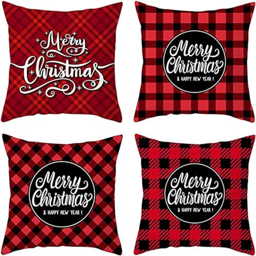 Wasserdichte Kissenbezugen 4er Set 50x50cm Dekorative Outdoor Kissen Wasserfest Atmungsaktiv Weihnachten Platz Weich Kissenbezüge für Sofa wohnzimmer Garten Outdoor Dekor Kissen Rotes Plaid W-6952