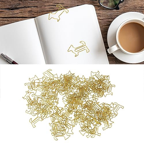 100 Stück Geformte Büroklammern, Hunde-förmige Büroklammern, Niedliche Lesezeichen aus Vergoldetem Metall, Planerklammern, Dekorative Büroklammern für Studenten-Briefpapier(Gold)